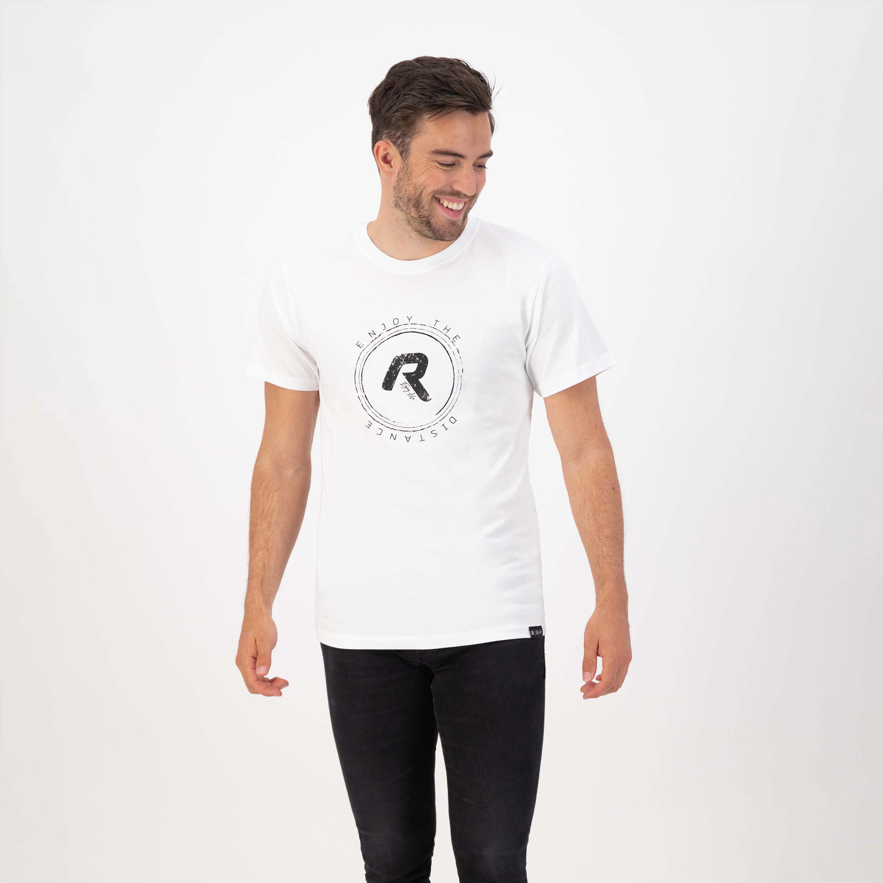 Rogelli Casual Enjoy Life Graphic t-shirt korte mouwen heren wit gedragen voorkant.