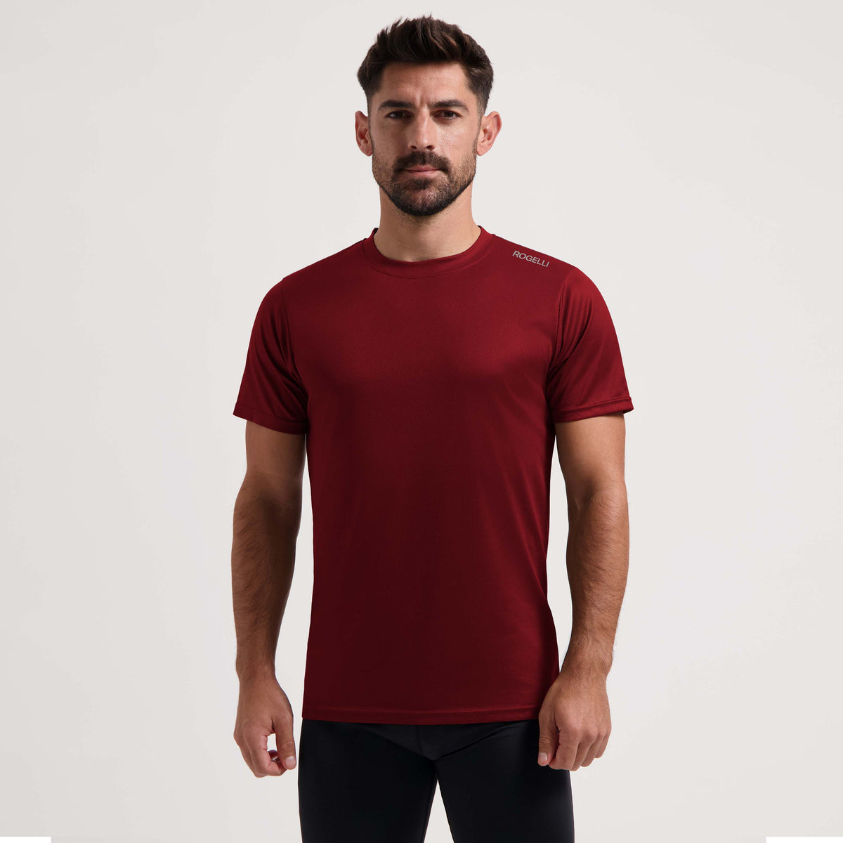 Rogelli Promo shirt korte mouw heren bordeaux gedragen voorkant.