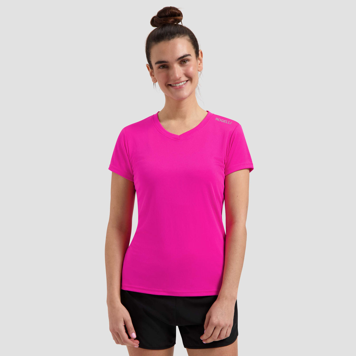 Rogelli Promo shirt korte mouw dames roze gedragen voorkant.