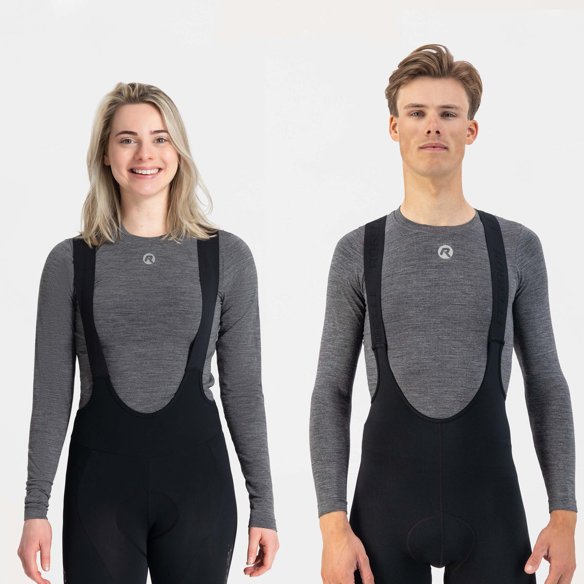 Man en vrouw in grijs Rogelli ondershirt met lange mouwen als warme basislaag onder fietskleding.