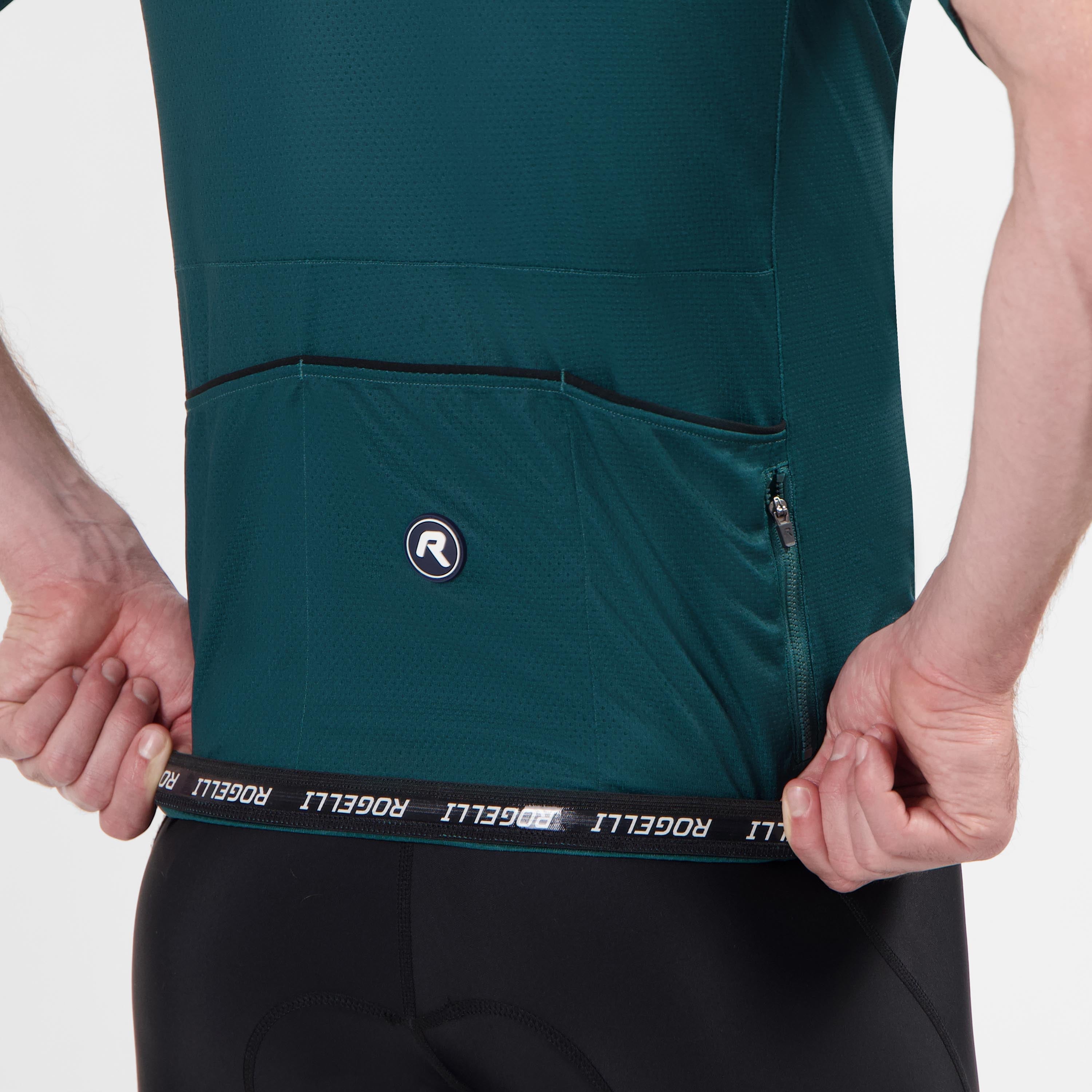 Detail van Rogelli Explore fietsshirt heren deep teal korte mouw achterkant.