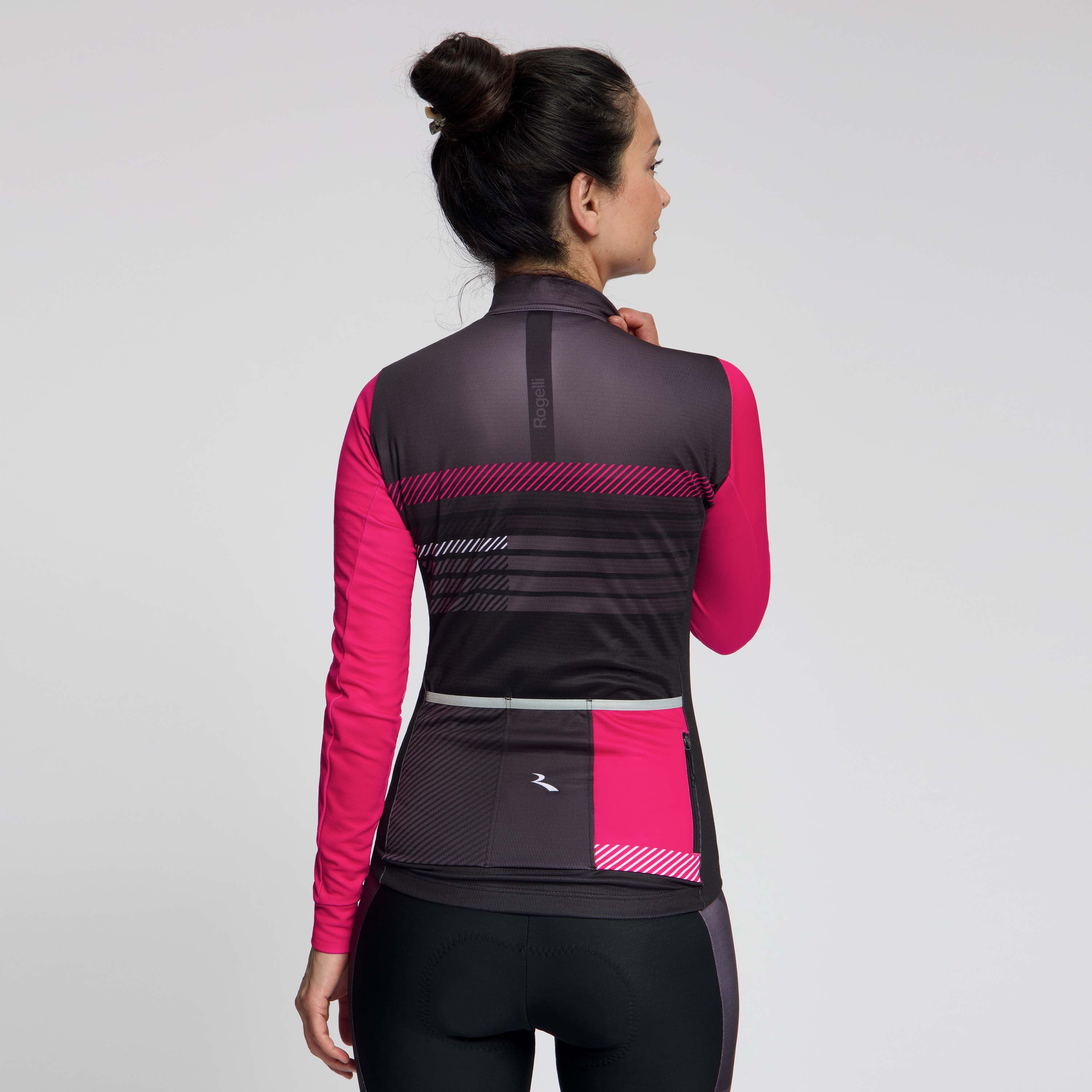 Rogelli Stryde fietsshirt L/S dames zwart/grijs/roze gedragen achterkant.