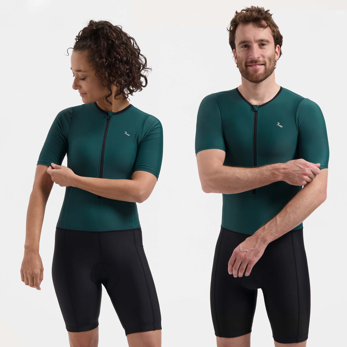 Rogelli Florida triathlonpak korte mouwen zwart en donkergroen man en vrouw gedragen voorkant.