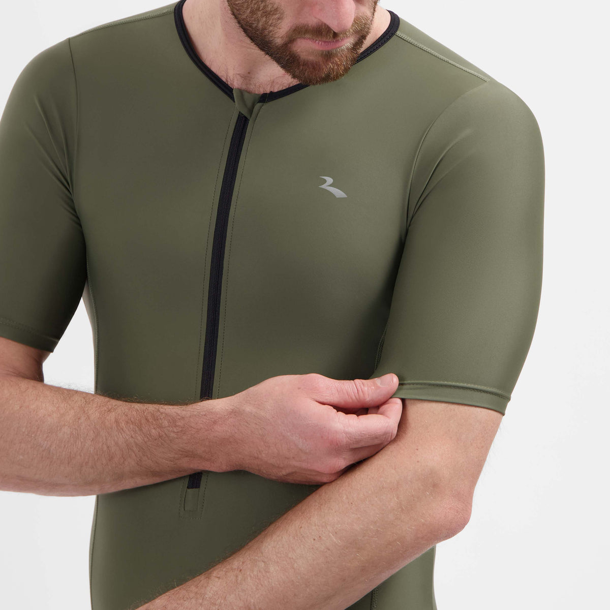 Detail van Florida triathlonpak korte mouwen zwart en legergroen.