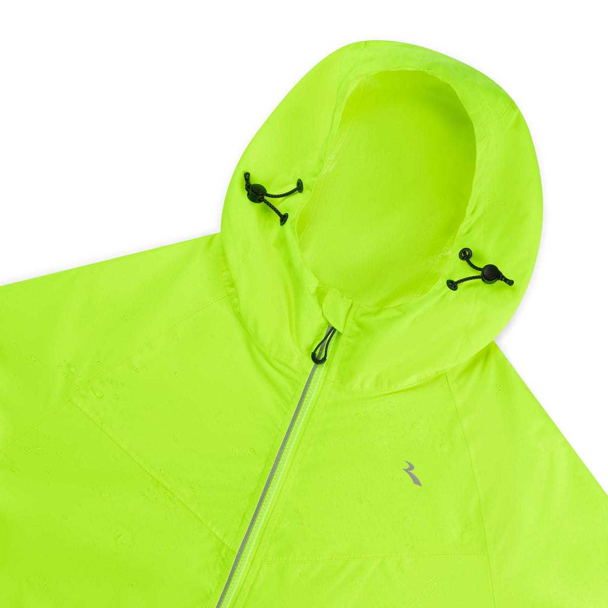 Detail ritssluiting en capuchon Rogelli Core Commuter regenjas unisex fluor voorkant.