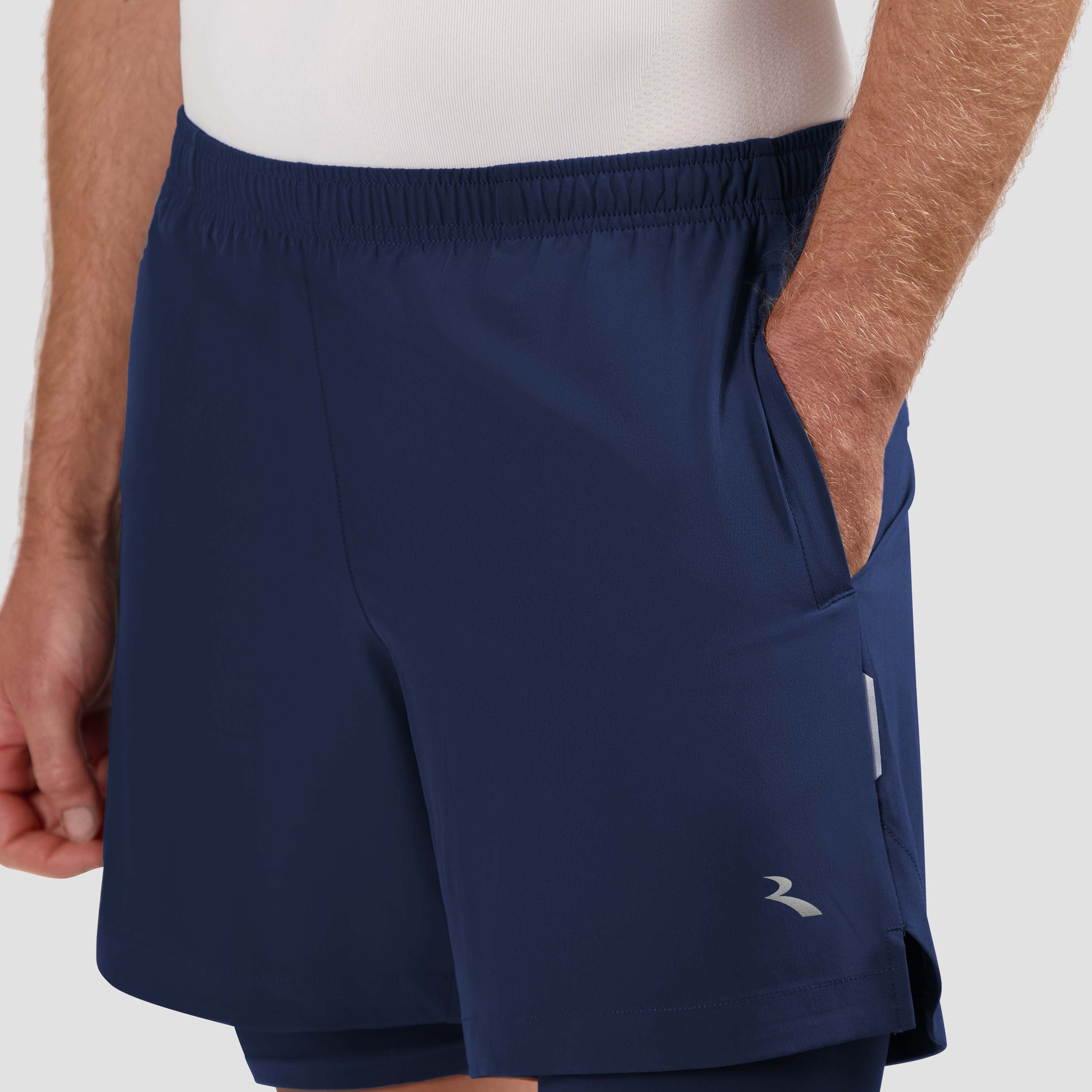 Détail du short de course Rogelli Essential 2-en-1 Homme devant bleu.