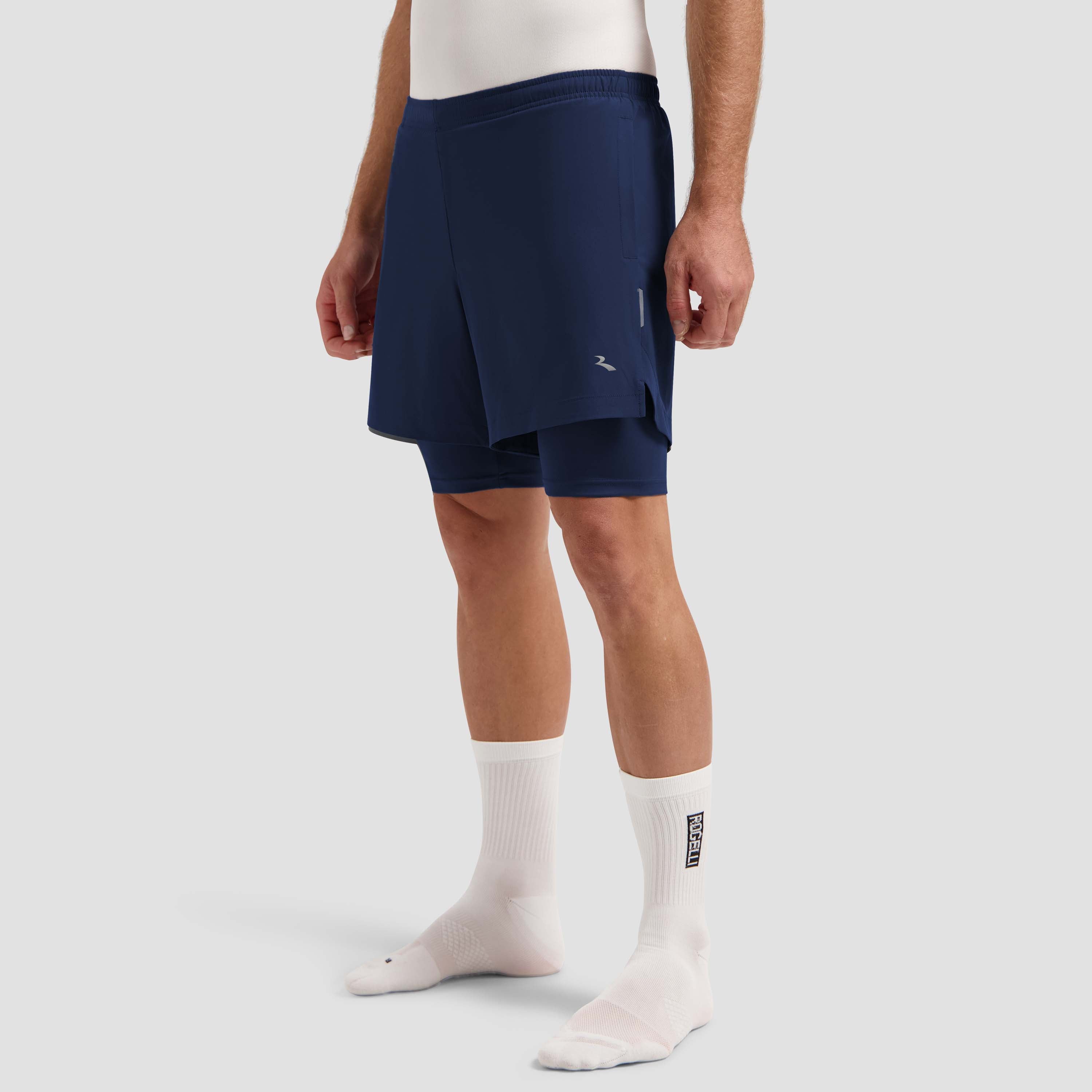 Rogelli Essential 2-en-1 short de course Homme bleu usé devant.