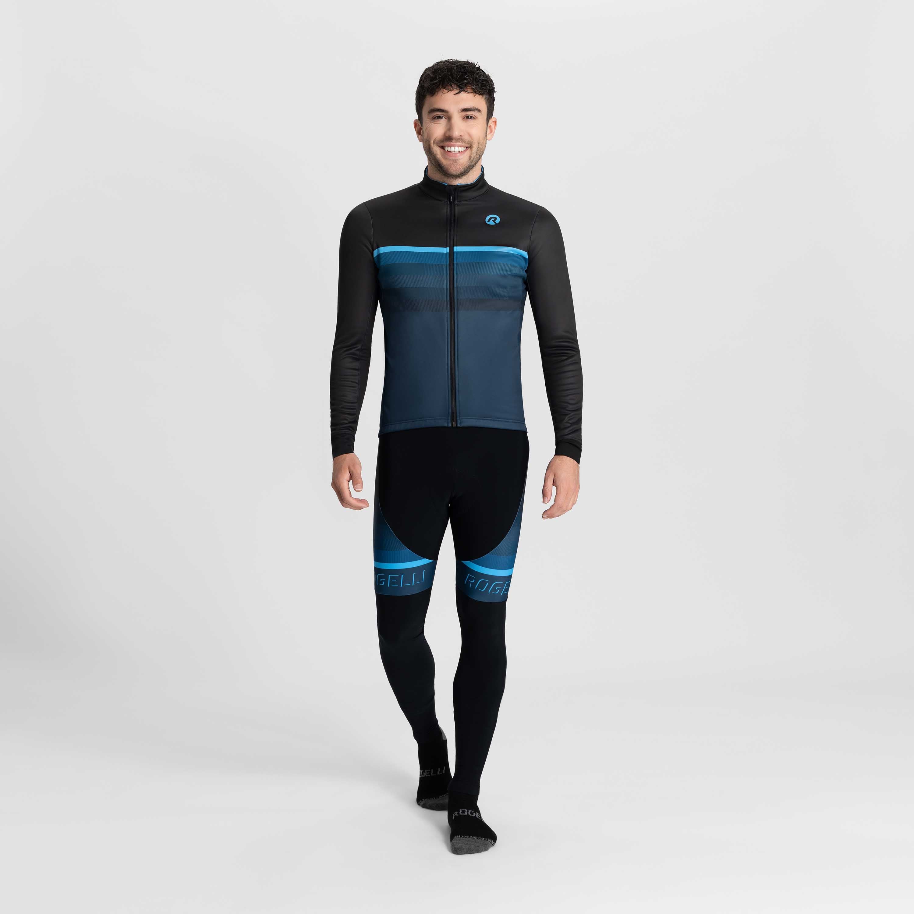 Rogelli Hero II fietsjack heren zwart en blauw gedragen totaalshot.