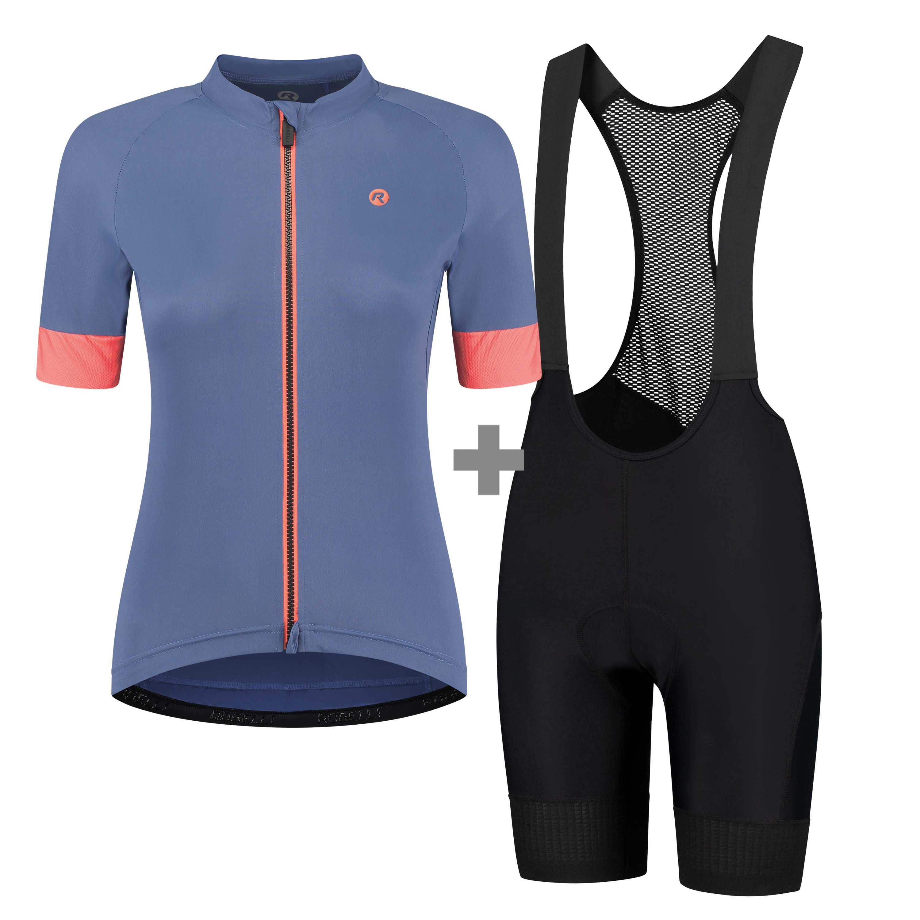 Rogelli fietskleding set voor dames met blauw Modesta fietsshirt en Power fietsbroek.