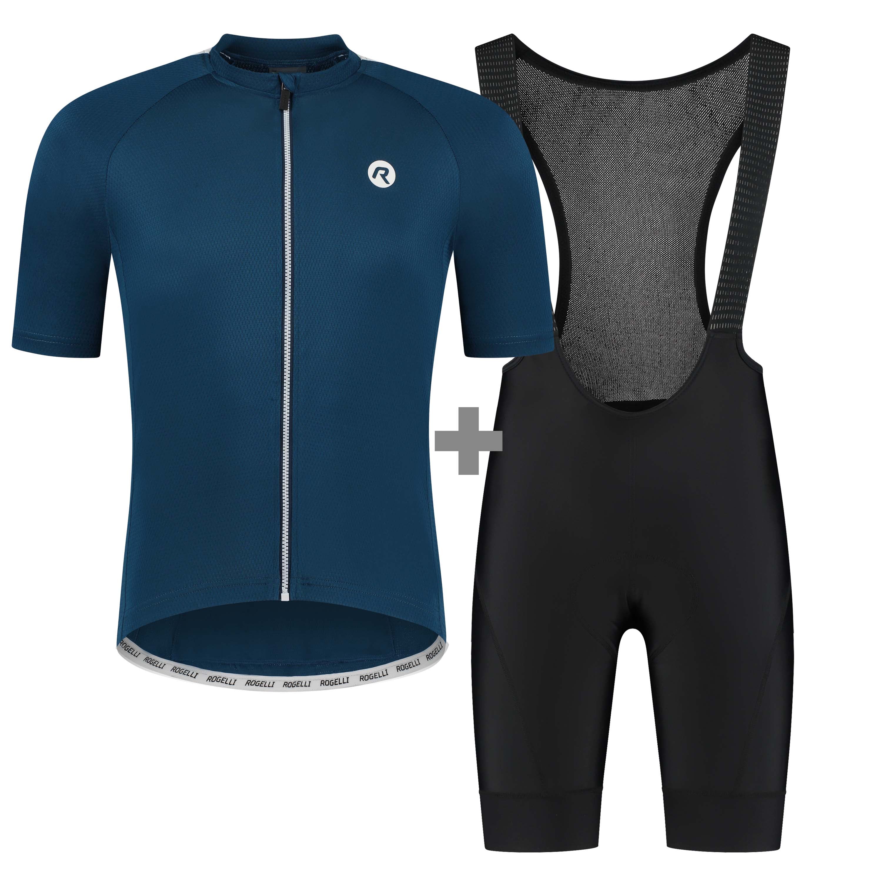 Rogelli heren fietskleding bundel met blauw Explore fietsshirt en zwarte fietsbroek.