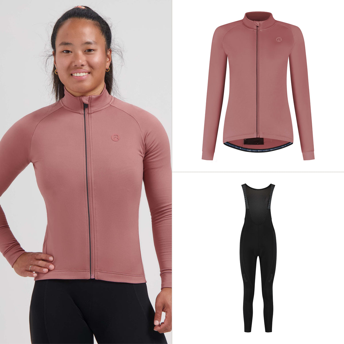 Rogelli fietskleding set voor dames met chutney Essential II fietsshirt lange mouwen en Essential II lange fietsbroek.