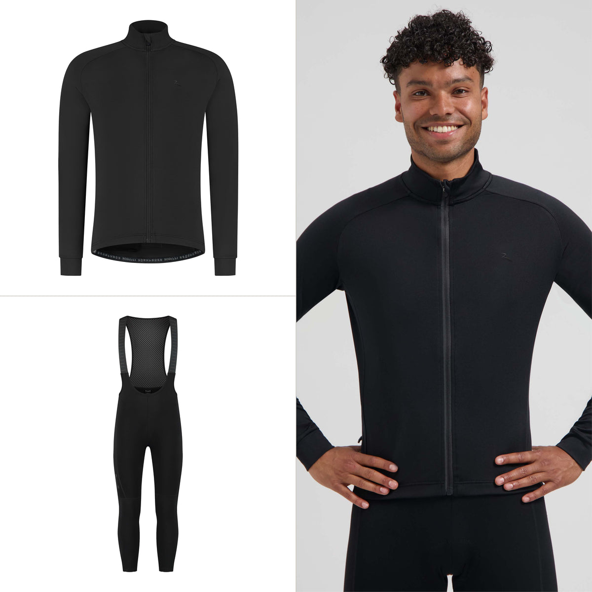 Rogelli fietskleding set voor heren met zwart Essential II fietsshirt lange mouwen en Essential II lange fietsbroek.