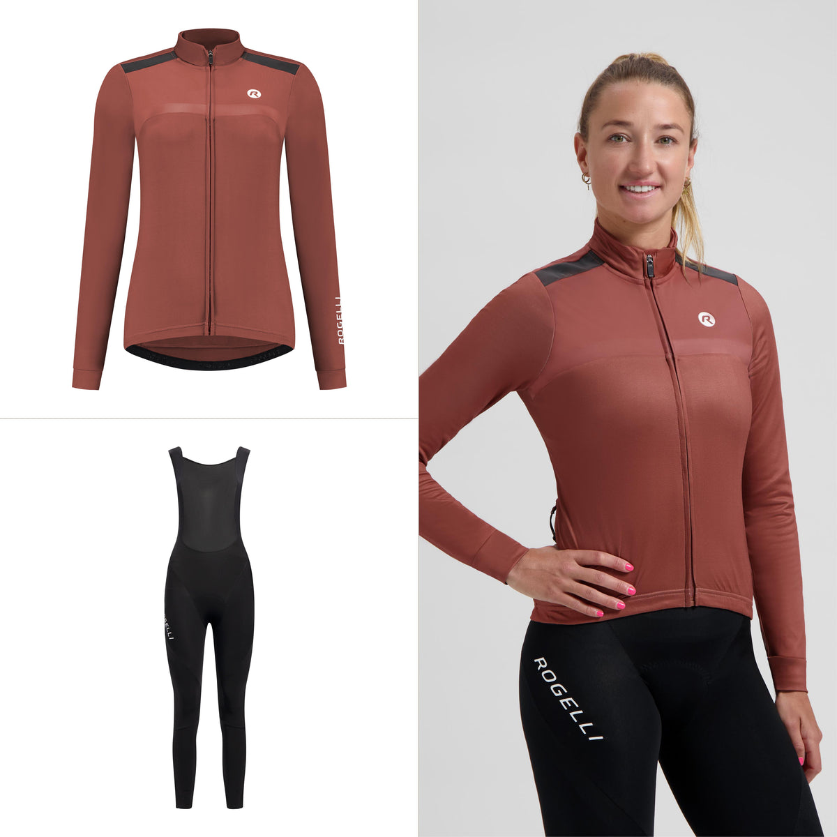 Rogelli fietskleding set voor dames met rood Mono fietsshirt lange mouwen en Mono lange fietsbroek.