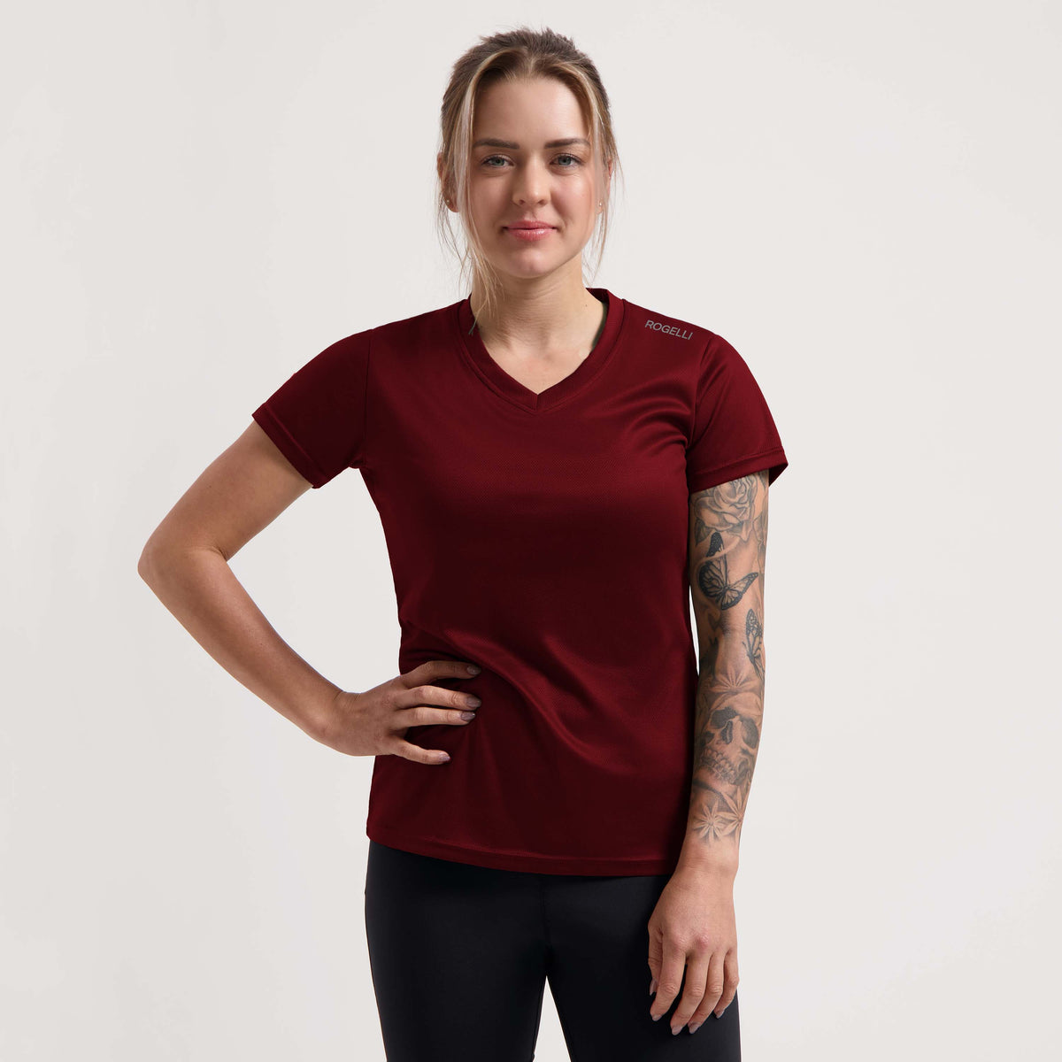 Rogelli Promo chemise Manches courtes Femme bordeaux usé devant.