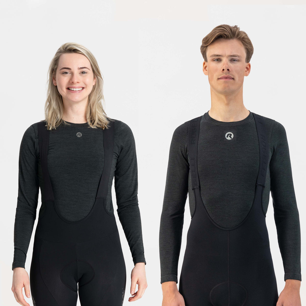 Man en vrouw in zwart Rogelli ondershirt unisex als warme basislaag onder een fietsbroek met bretels.