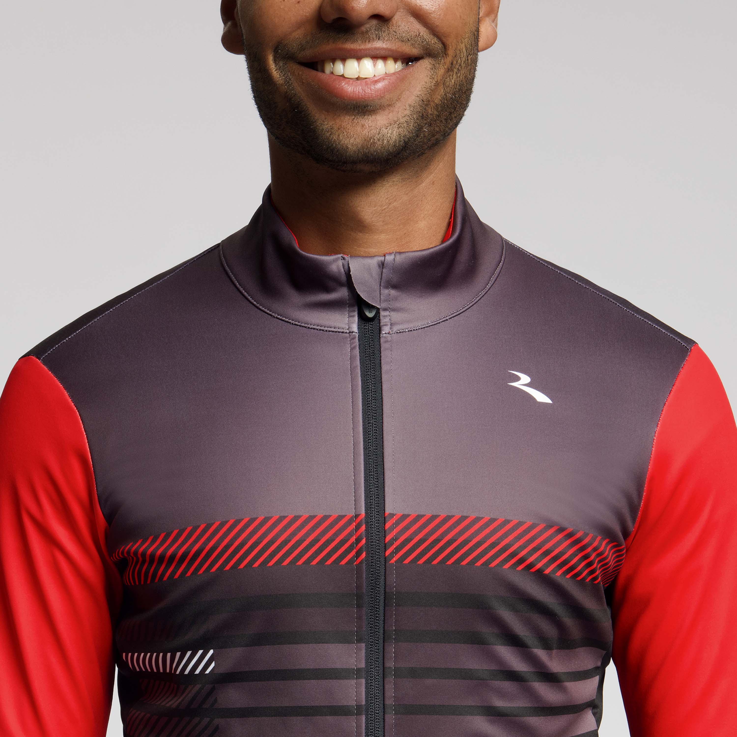 Detail van Rogelli Stryde winter fietsjack heren zwart/grijs/rood voorkant. 