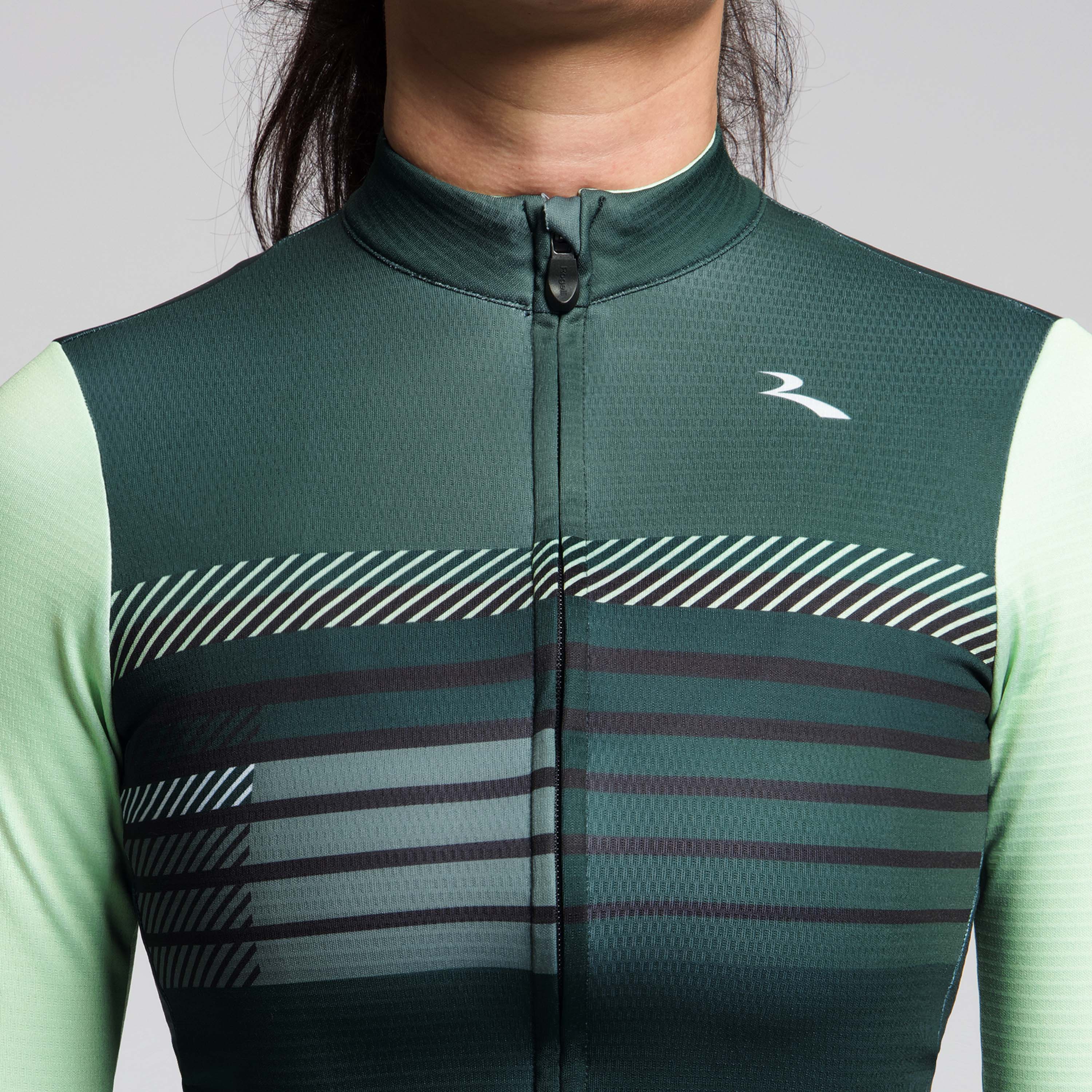 Detail van Rogelli Stryde fietsshirt L/S dames pine/limoen voorkant.