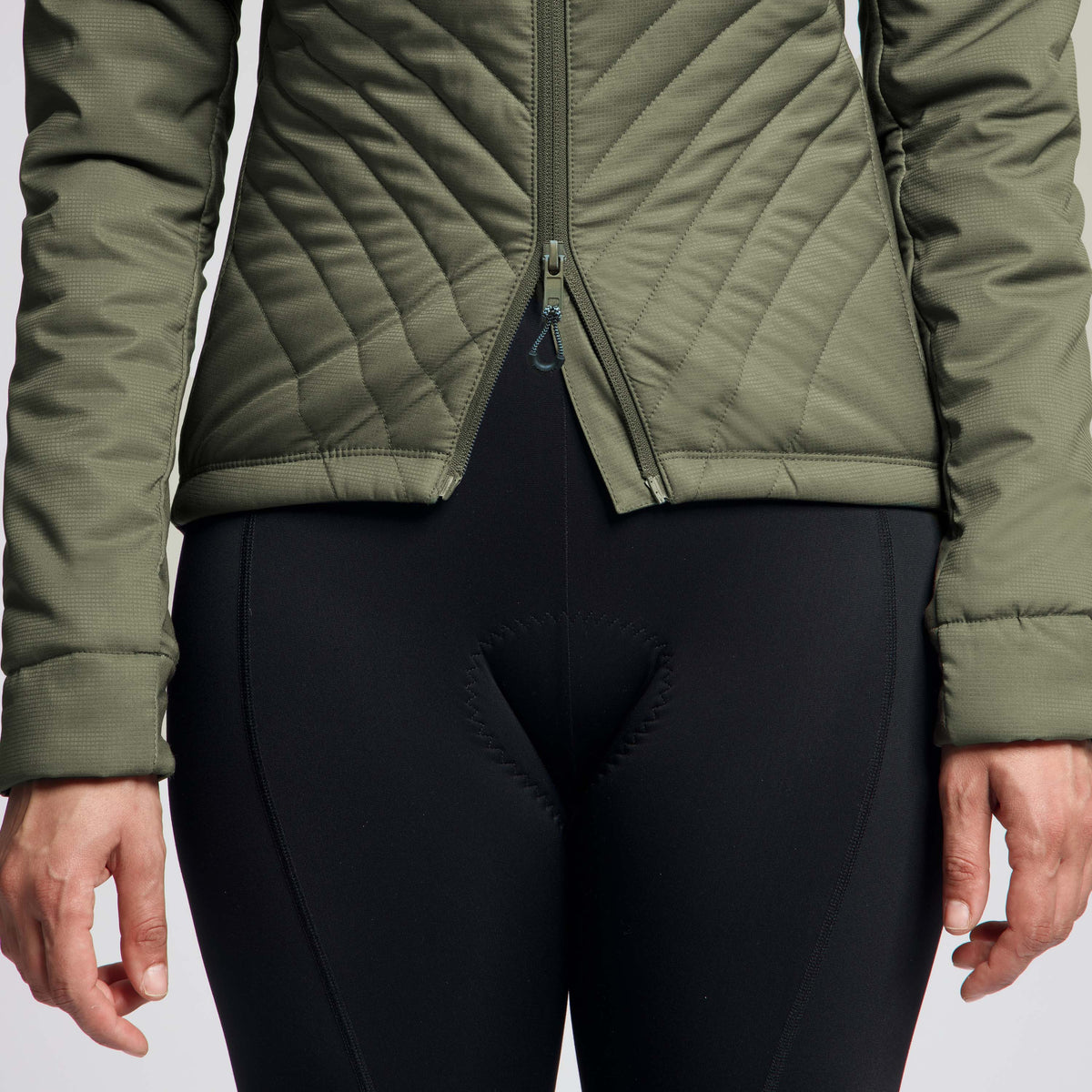 Detail van Rogelli Element winter fietsjack dames legergroen voorkant. 
