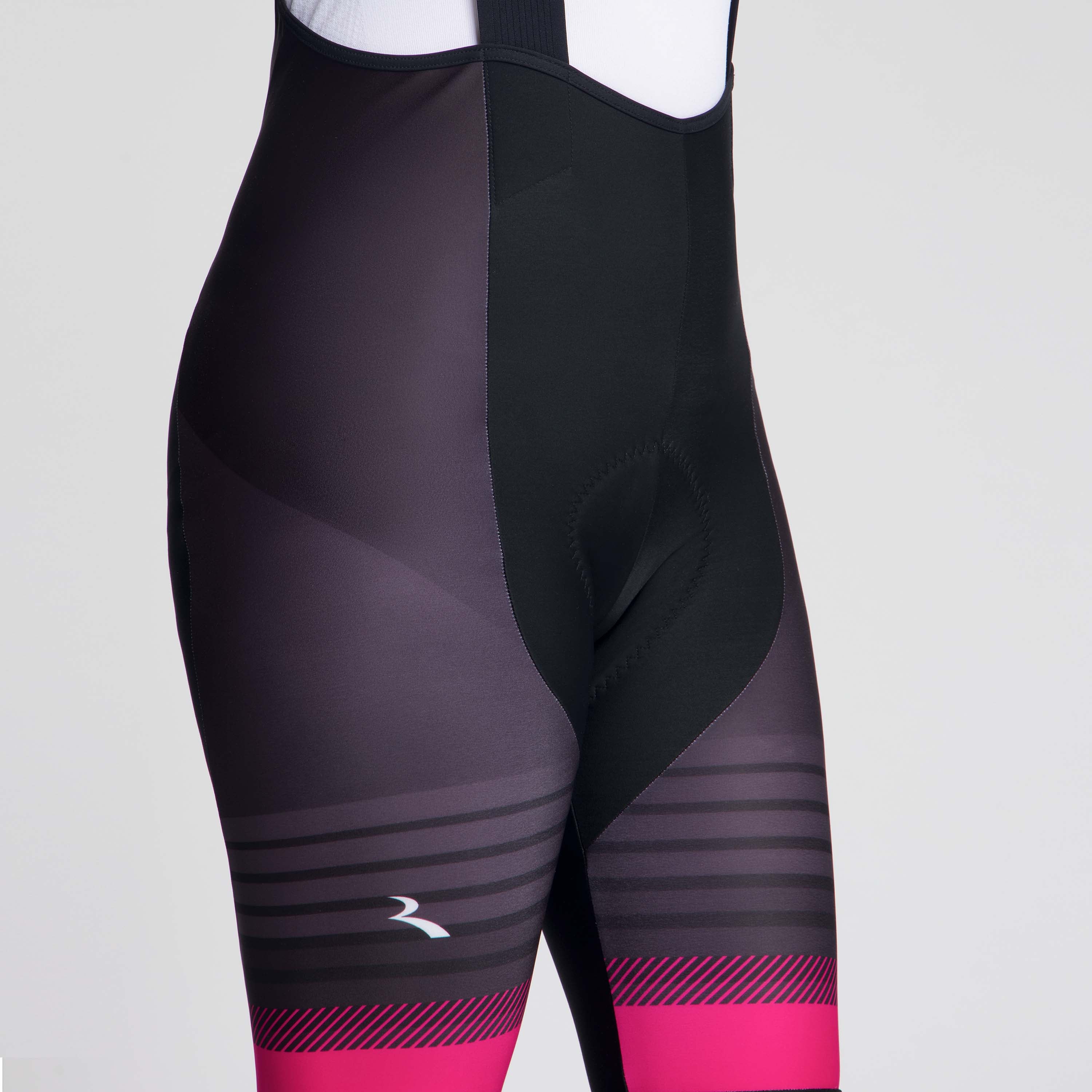 Detail van Rogelli Stryde lange fietsbroek dames zwart/grijs/roze broekspijp.
