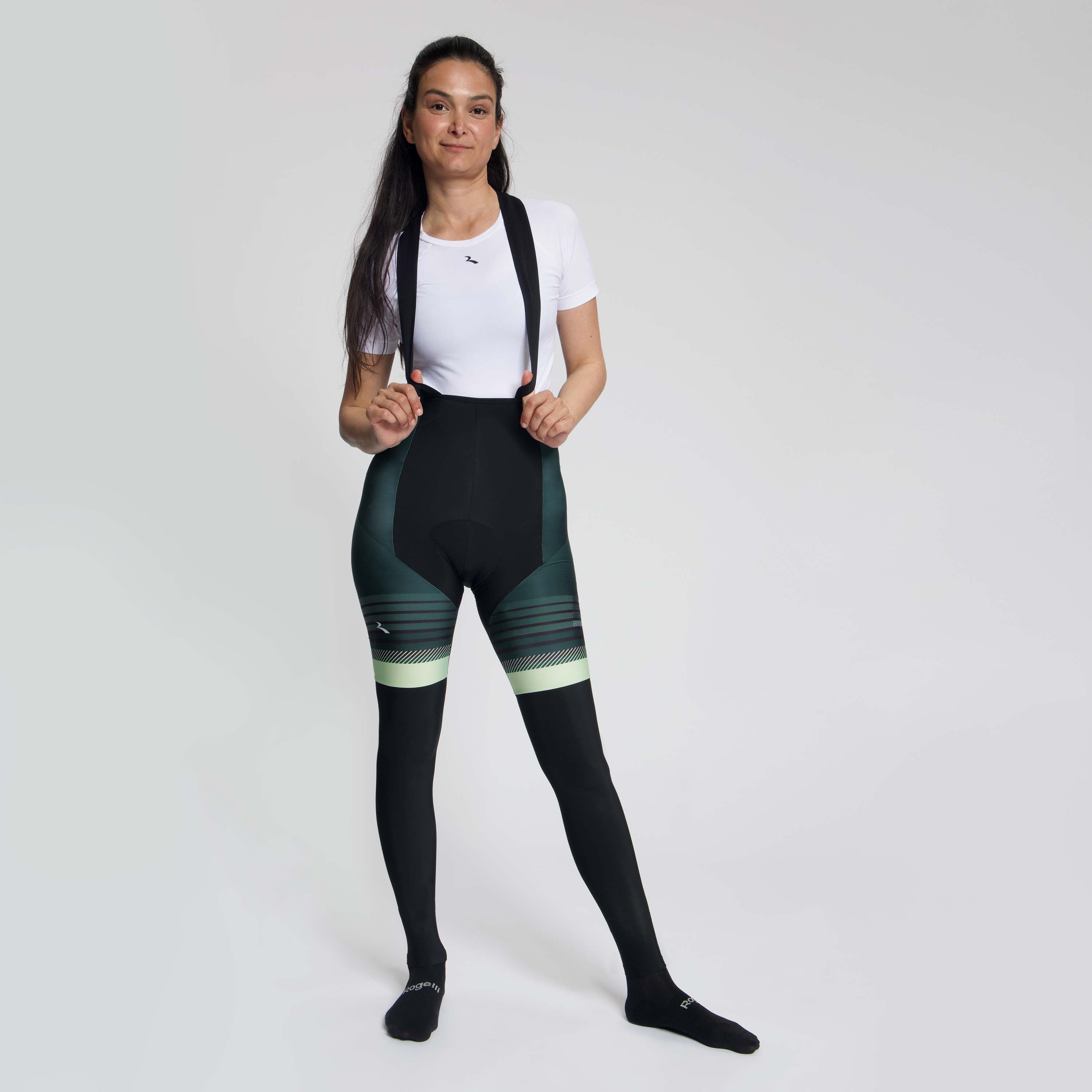 Rogelli Stryde lange fietsbroek dames zwart/pine/limoen gedragen voorkant.
