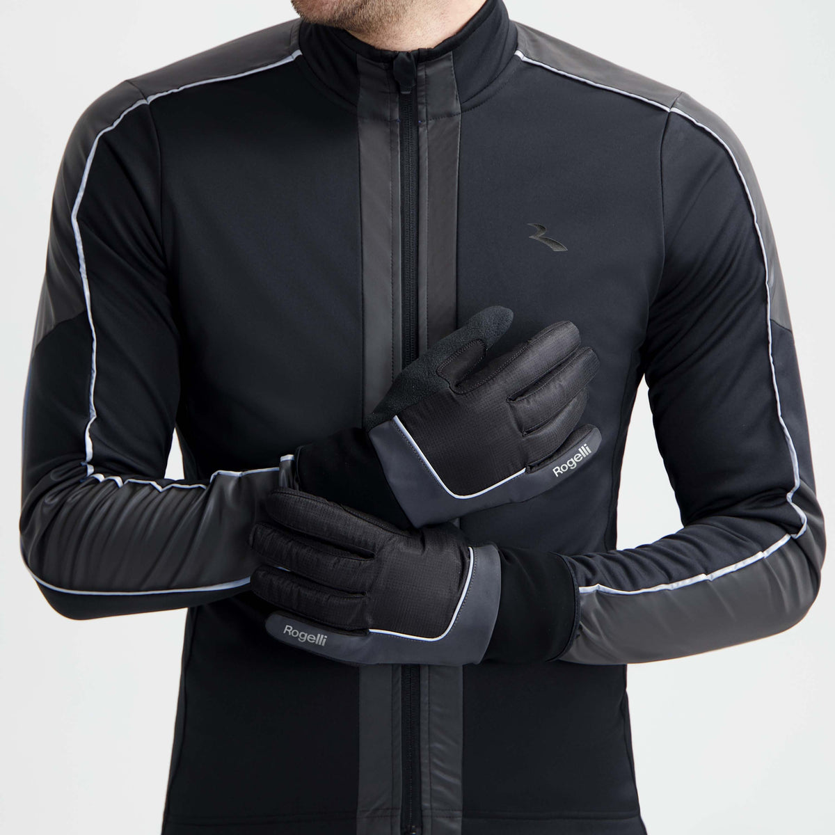 Rogelli Essential Hi Vis fietshandschoenen winter heren zwart gedragen voorkant.