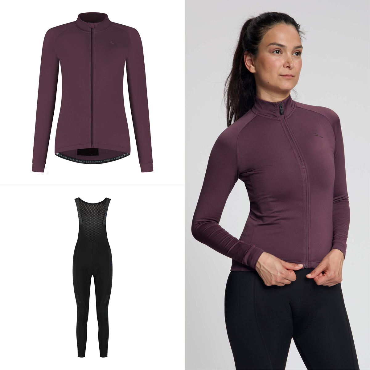 Rogelli fietskleding set voor dames met aubergine Essential II fietsshirt lange mouwen en Essential II lange fietsbroek.