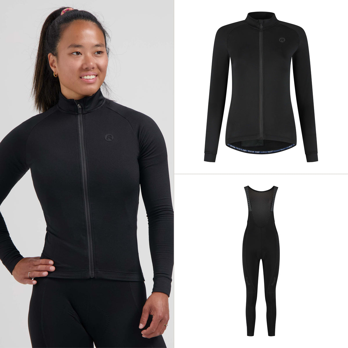 Rogelli fietskleding set voor dames met zwart Essential II fietsshirt lange mouwen en Essential II lange fietsbroek.