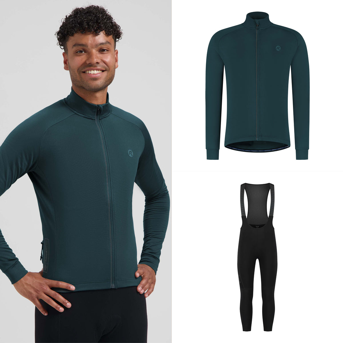 Rogelli fietskleding set voor heren met donkerblauw Essential II fietsshirt lange mouwen en Essential II lange fietsbroek.