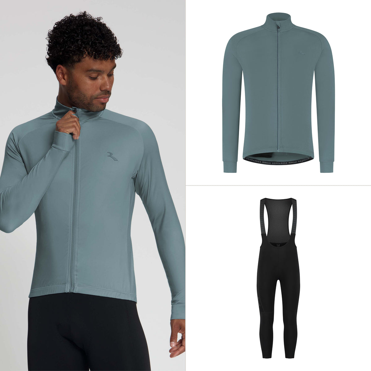 Rogelli fietskleding set voor heren met grijs Essential II fietsshirt lange mouwen en Essential II lange fietsbroek.