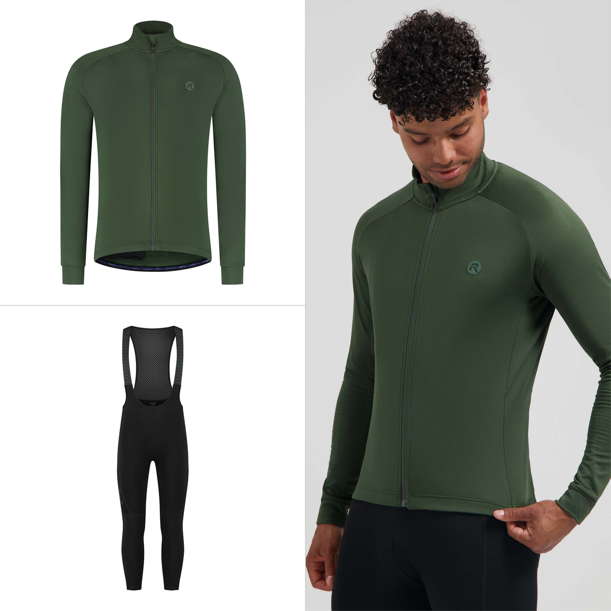 Rogelli fietskleding set voor heren met groen Essential II fietsshirt lange mouwen en Essential II lange fietsbroek.