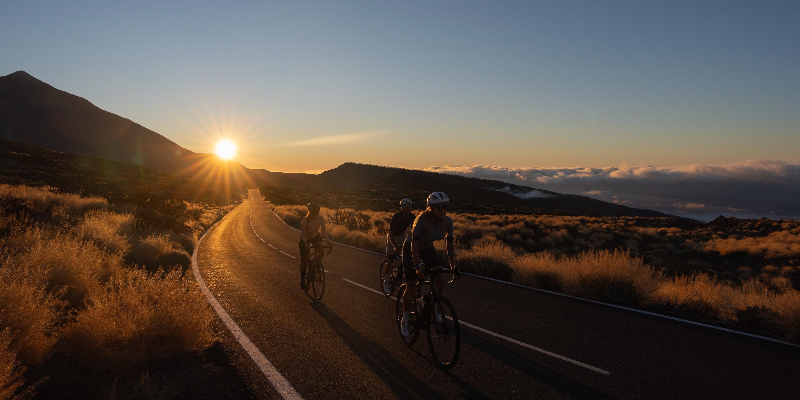 Rogelli fietskleding gedragen door wielrenners tijdens rit in bergachtig landschap.