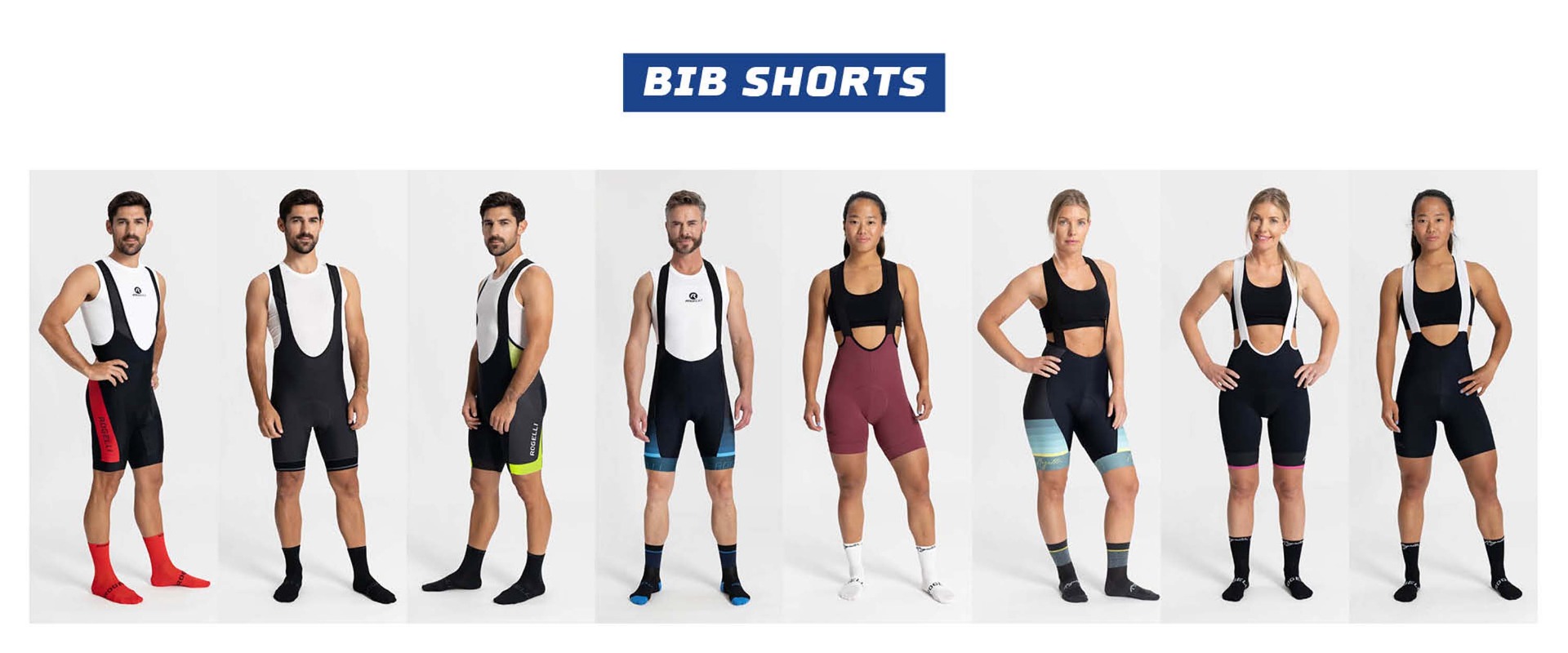 8 foto's van modellen poserend voor een grijze achtergrond met verschillende bib shorts van Rogelli aan, mannen en vrouwen