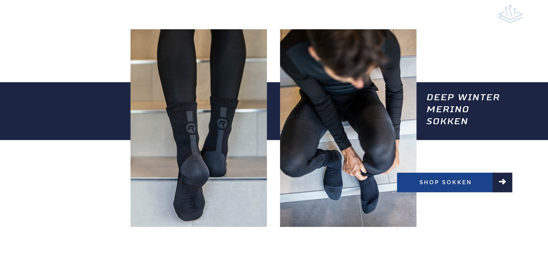 Fietser staand en zittend op een trap met de deep winter merino sokken van Rogelli om zijn voeten