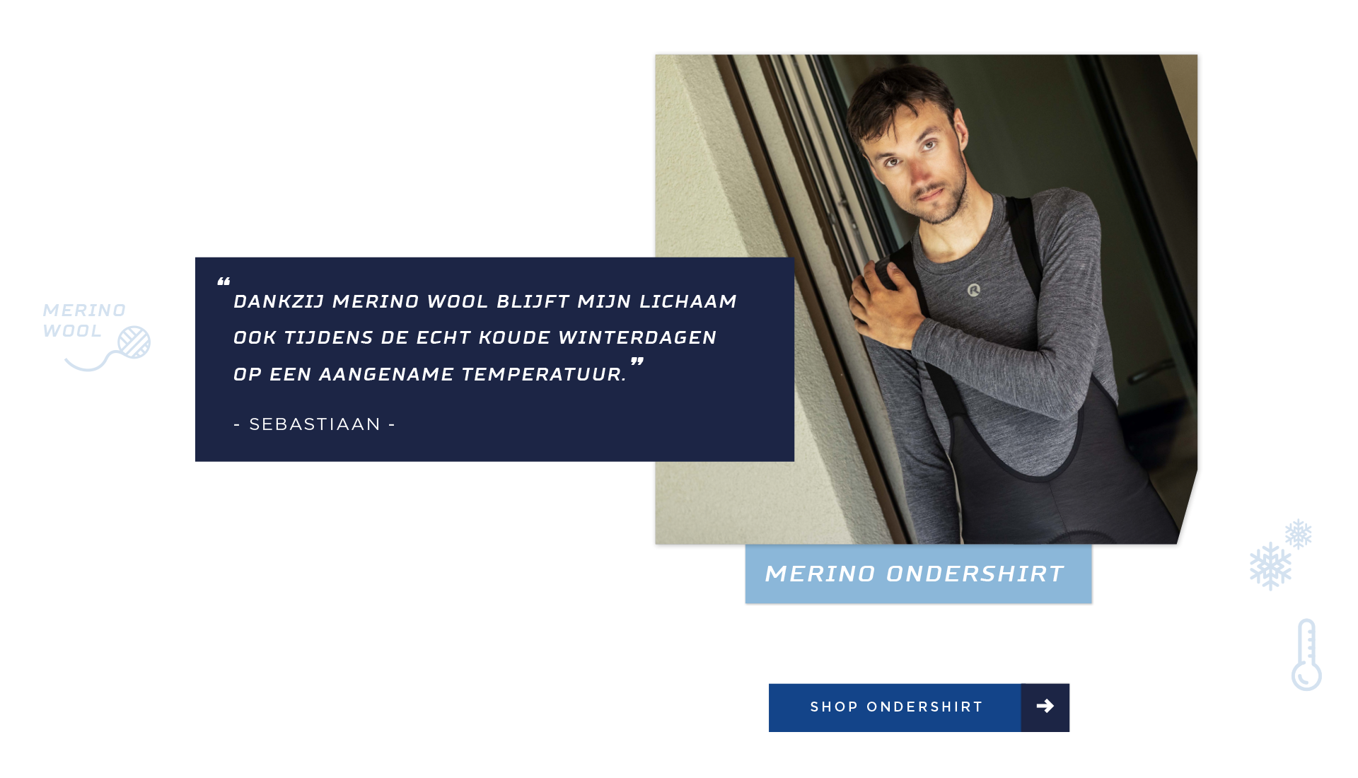 Wielrenner poserend in het merino ondershirt van Rogelli, gemaakt van merino wol, met toegevoegd quote over kwaliteit