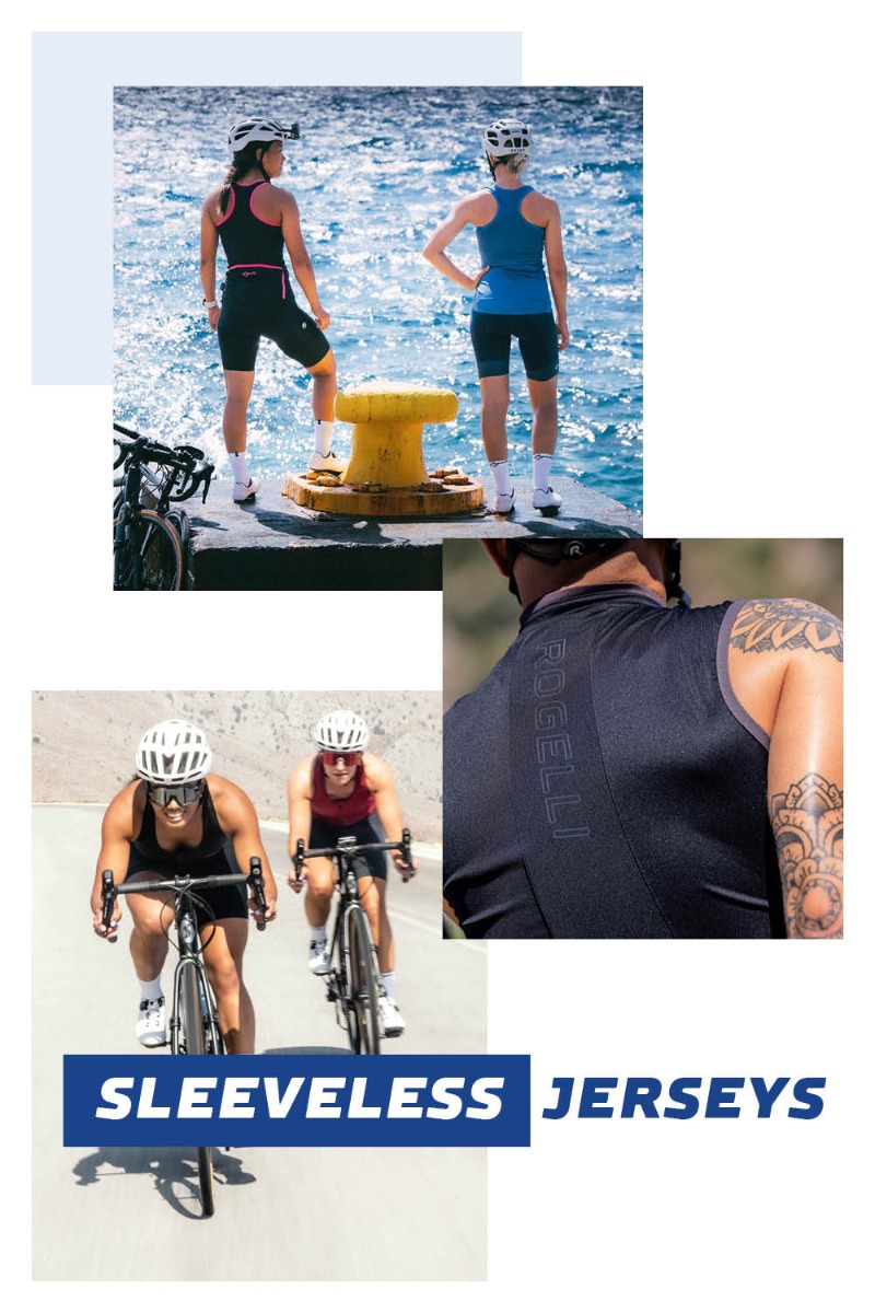 Collage met 3 verschillende foto's van mensen die mouwloze fietsshirts van Rogelli dragen, zowel fietsend als poserend