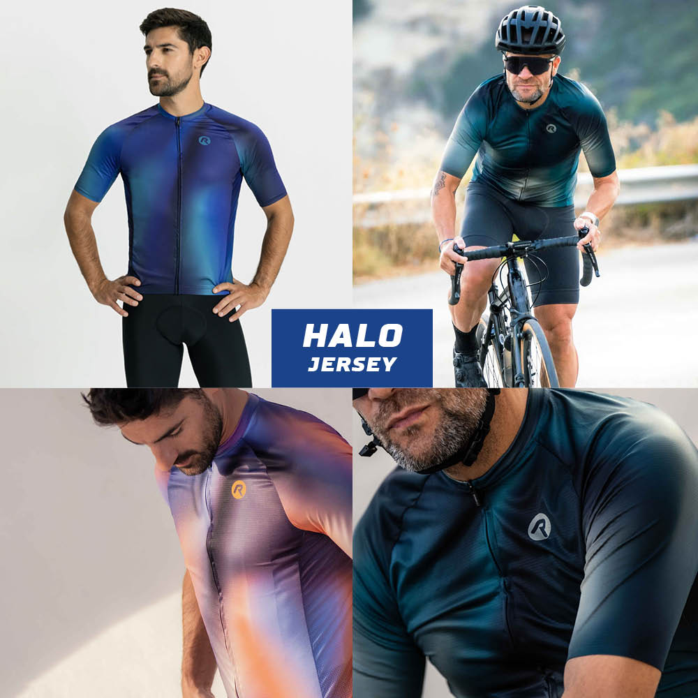 Collage met 4 foto's van mannelijke modellen poserend in verschillende kleuren van het Halo fietsshirt van Rogelli