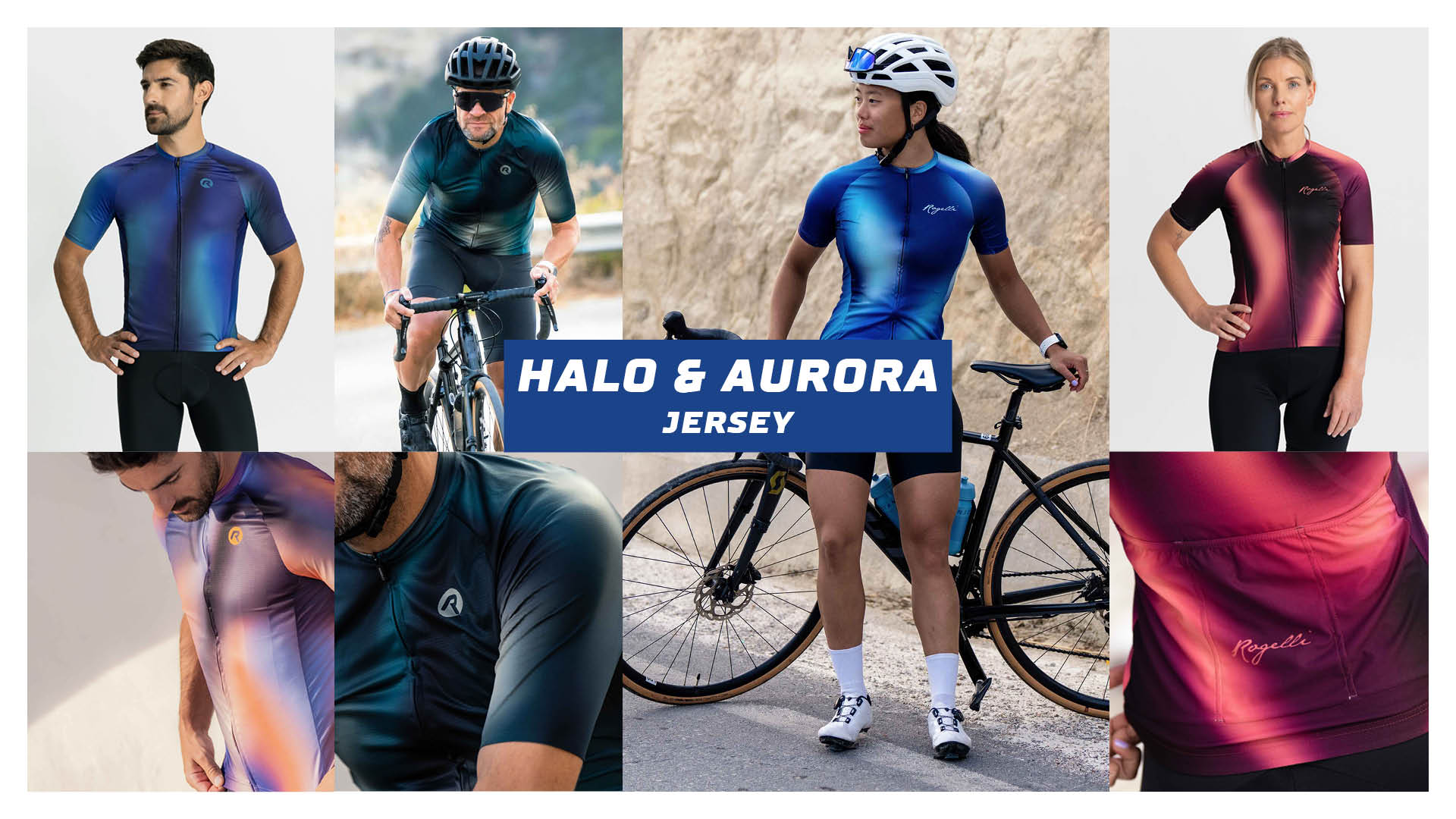 Collage van 7 foto's waarin de Halo fietsshirts voor mannen en de Aurora fietsshirts voor vrouwen van Rogelli worden gedragen