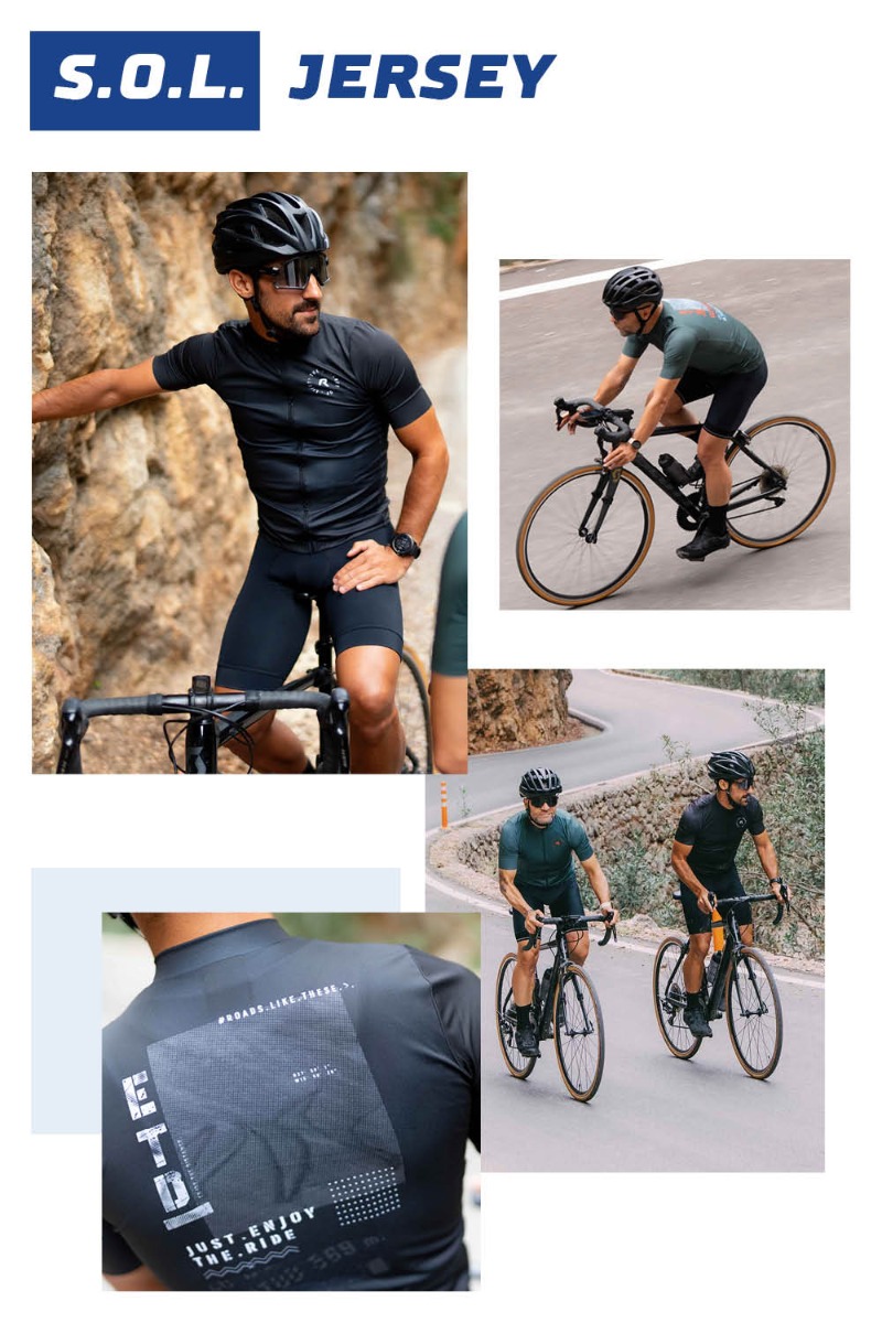 Collage met 4 foto's van mannen die fietsen in de bergen met beide kleuren van het S.O.L. fietsshirt van Rogelli aan