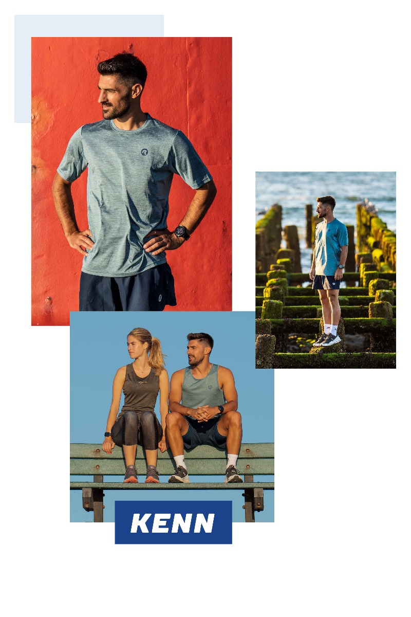 Collage van 3 foto's met model poserend in het blauwe, zachte en sneldrogende Kenn hardloop T-shirt van Rogelli