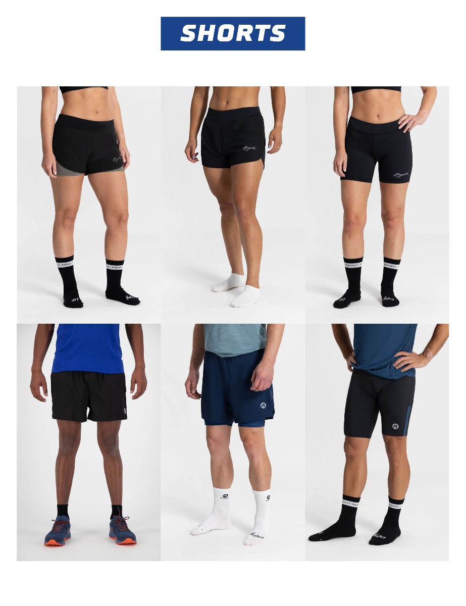 Verschillende modellen poserend in de korte hardloop broeken van Rogelli, zowel de mannelijke als de vrouwlijke collectie